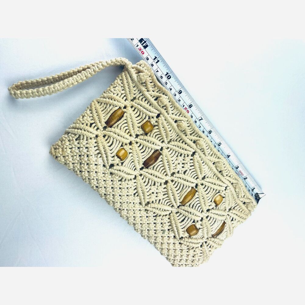 ~ Boho Macrame Wristlet Bag Clutch Purse Festival Cream Wood Beads Handbag - Picture 6 of 13